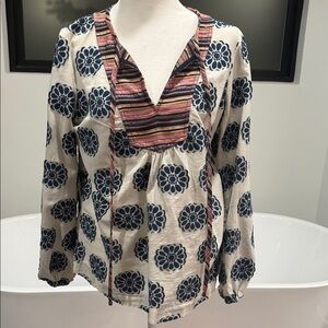 Trina Turk Boho Floral Peasant Top with Striped V-Neck